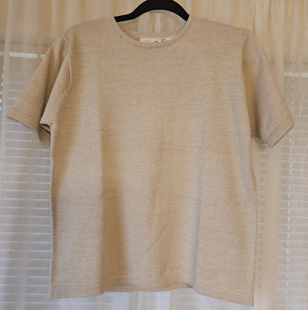 Kathie Lee Collection Cream Metallic Short Sleeve Crewneck Top